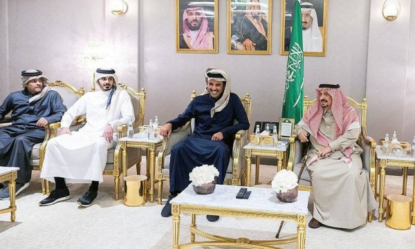 Qatar Sheikh Tamim Bin Hamad Al Thani and his accompanying delegation were received by Governor of Riyadh Region Prince Faisal Bin Bandar in Riyadh on Saturday.