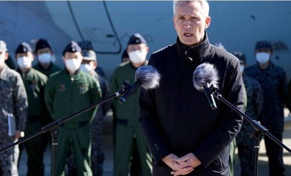 NATO Secretary-General Jens Stoltenberg delivers a speech to personnel of Japan Self Defense Forces at Iruma Air Base on Tuesday.