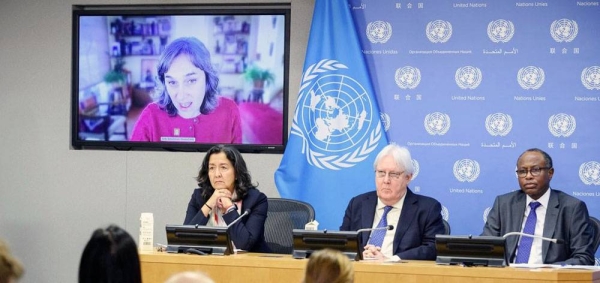 Sofia Sprechmann Sineiro (on screen), Secretary General of Care International, briefs reporters on the situation in Afghanistan after a recent visit to the country. — courtesy UN Photo/Loey Felipe