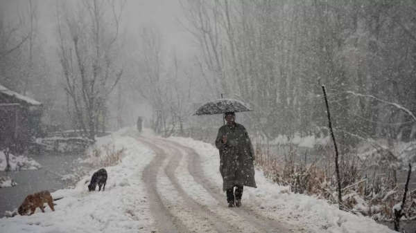 A man with an umbrella walks along a snow covered road during snowfall in Srinagar.