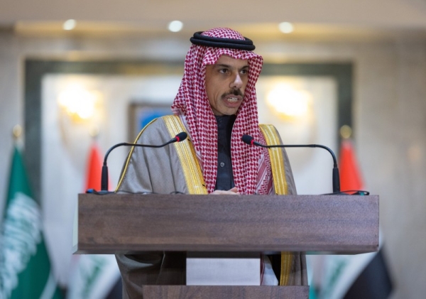 Saudi Arabia’s Foreign Minister Prince Faisal bin Farhan addressing a press conference in Baghdad on Thursday.