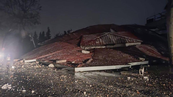 A view of the destroyed building after 7.4 magnitude earthquake jolts Turkiye's Kahramanmaras province, on February 6, 2023 in Kahramanmaras, Turkiye.