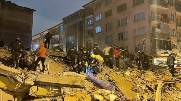 A view of the destroyed building after 7.4 magnitude earthquake jolts Turkiye's Kahramanmaras province, on February 6, 2023 in Kahramanmaras, Turkiye.