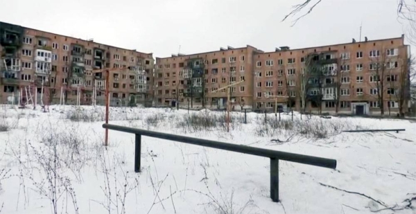 A residential building which was heavily bombed by Russian forces in the frontline city of Vuhledar, Ukraine.