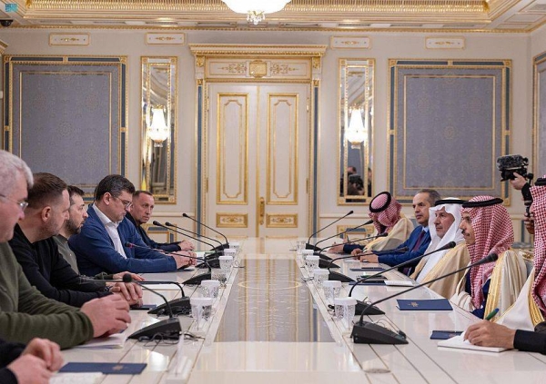 Ukrainian President Volodymyr Zelensky receiving Saudi Foreign Minister Prince Faisal Bin Farhan in Kyiv on Sunday.