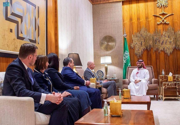 Crown Prince Mohammed bin Salman receives the Chairperson of the Bureau International des Expositions (BIE), Patrick Specht, and his accompanying delegation in Riyadh on Monday.