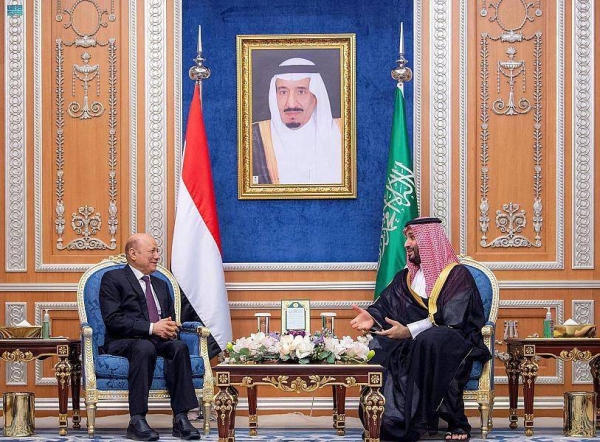 Crown Prince Mohammed bin Salman receives Dr. Rashad Al-Alimi, chairman of the Presidential Leadership Council of Yemen, at the Royal Court of Al-Yamamah palace in Riyadh on Tuesday.