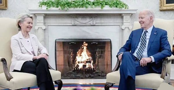 European Commission President Ursula von der Leyen speaks as she meets with President Joe Biden in the Oval Office of the White House, Friday. — courtesy AP