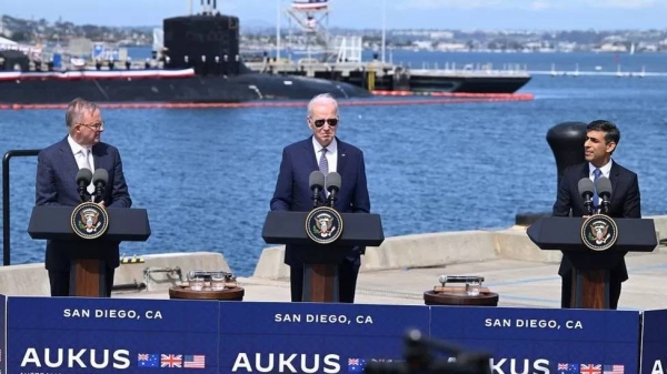 Australian PM Anthony Albanese, US President Joe Biden and UK PM Rishi Sunak in San Diego, California, on Monday.