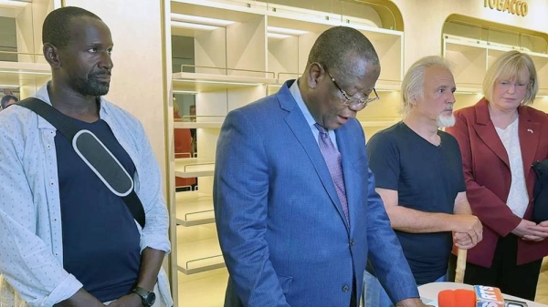 


French journalist Olivier Dubois, left, and US aid worker Jeffery Woodke, second from right, listening to Niger Interior Minister Hamadou Adamou Souley after they were released in Niamey, Niger. — courtesy Reuters