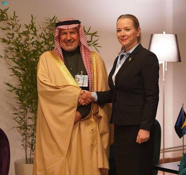Dr. Abdullah Al Rabeeah meets with Swedish official Diana Janse on the sidelines of the European Humanitarian Forum in Brussels on Monday.