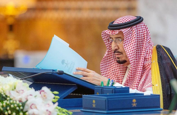 Custodian of the Two Holy Mosques King Salman chairs the Cabinet's session at Irqah Palace in Riyadh on Tuesday.