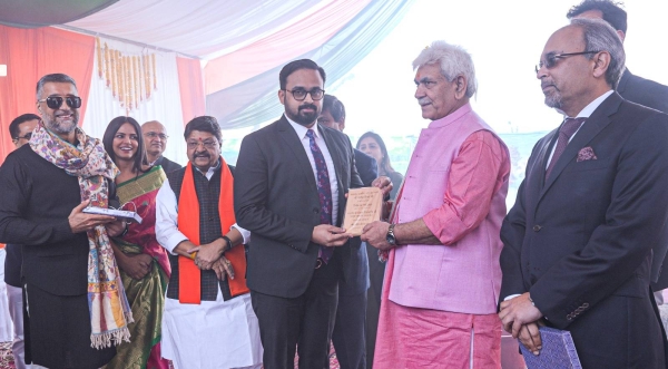 Lieutenant Governor Manoj Sinha along with Rejith Radhakrishnan, Chief Operating Officer of Lulu India and Amit Jain, Group CEO of EMAAR at the Foundation stone laying ceremony of Mall of Srinagar in Sempora, Srinagar, J&K.