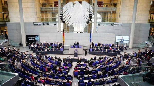 King Charles III is welcomed by German Chancellor Olaf Scholz at the Chancellery on Thursday in Berlin, Germany