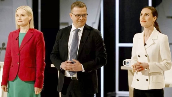 Riikka Purra (L) of The Finns, conservative Petteri Orpo (C) and Social Democrat Sanna Marin are all vying for victory. — courtesy Reuters