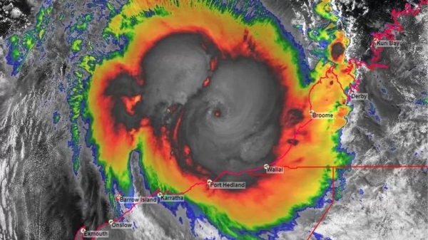 Satellite image of the storm against a map of Western Australia.