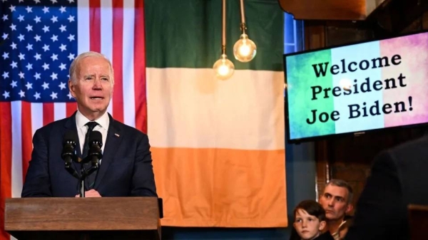 US President Joe Biden delivers a speech in Dundalk, on April 12, 2023