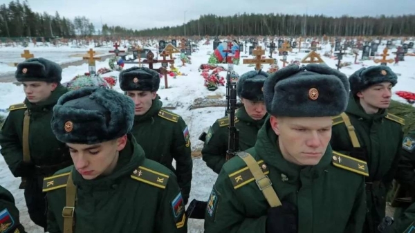 Wagner mercenaries have died in large numbers in the battle for Bakhmut. These military cadets attend a mercenary's funeral