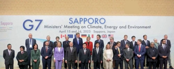 G-7 ministers on climate, energy and environment pose for a photo during its photo session in Sapporo, northern Japan, Saturday.