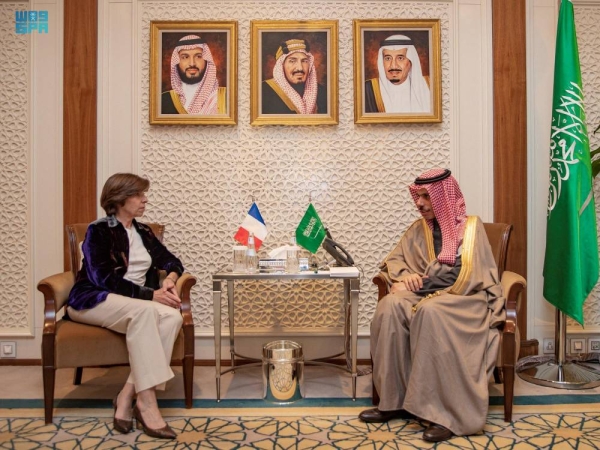 File photo of  Foreign Minister Prince Faisal Bin Farhan while receiving his French counterpart Catherine Colonna in Riyadh, Feb 2, 2022.