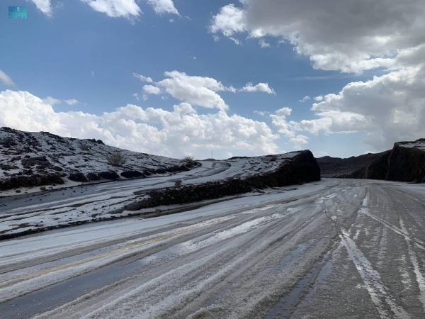 The Najran region has been covered in white on Eid Al-Fitr days after witnessing heavy rains and hail stones.