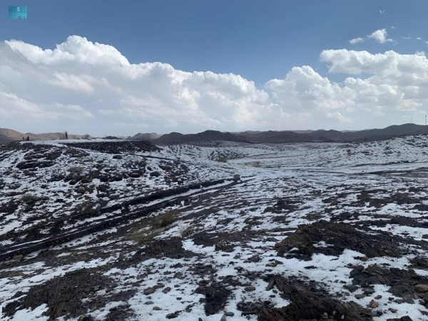 The Najran region has been covered in white on Eid Al-Fitr days after witnessing heavy rains and hail stones.