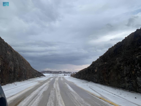 The Najran region has been covered in white on Eid Al-Fitr days after witnessing heavy rains and hail stones.