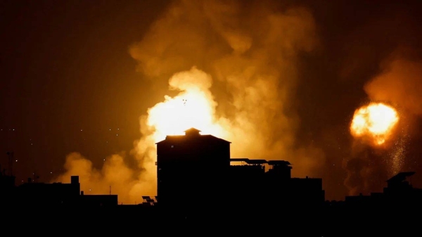 Smoke and flames rise into the sky after the Israeli military said in a statement that it has struck Islamic Jihad targets, in Gaza, on May 9