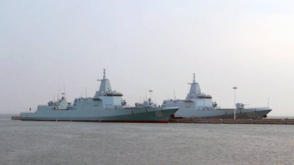 


Type 055 guided-missile destroyers Nanchang (101) and Lhasa (102) at China's Qingdao port on April 20, 2023. — courtesy China News Service/ VCG/ Getty Images
