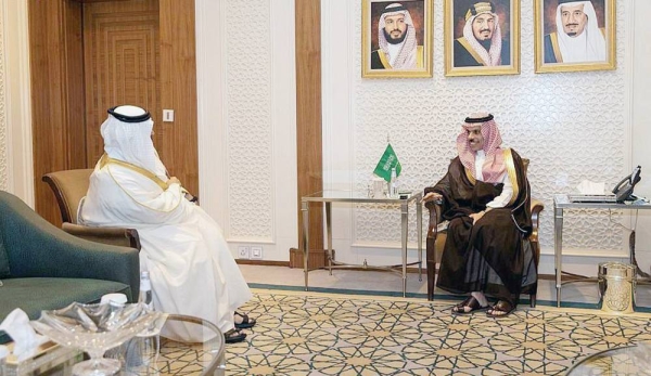 Minister of Foreign Affairs Prince Faisal Bin Farhan Bin Abdullah receives a written message from Bahrain King to Custodian of the Two Holy Mosques during his meeting Sunday with the Bahrain Ambassador Sheikh Ali Bin Abdulrahman Al Khalifa, at the Ministry's headquarters in Riyadh.