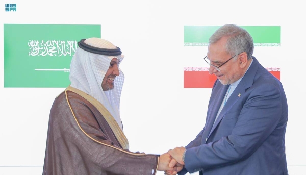 Health Minister Fahad Al-Jalajel and his Iranian counterpart Bahram Eynollahi meet in Geneva.