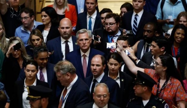 Speaker of the House Kevin McCarthy speaks to reporters