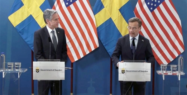 US Secretary of State Antony Blinken and Swedish Prime Minister Ulf Kristersson at a joint press conference in Luleå on Tuesday.