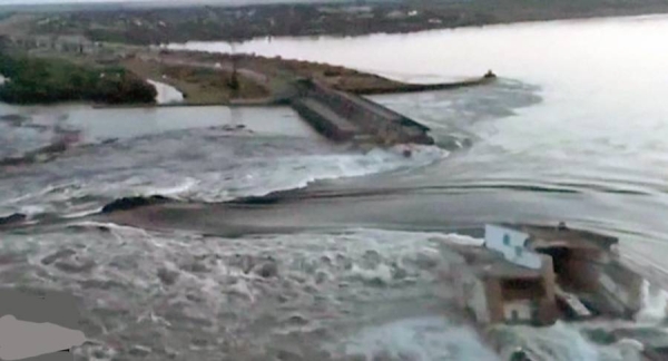 Ukraine President Volodymyr Zelensky shares a video grab of the dam on Telegram