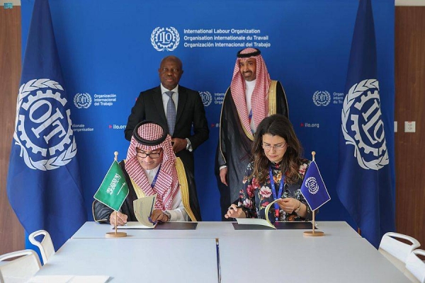 Minister of Human Resources and Social Development Eng. Ahmed Al-Rajhi and ILO Director-General Gilbert F. Houngbo witnessed the signing of the cooperation agreement on the sidelines of the 111th International Labor Conference in Geneva.