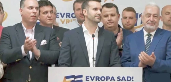 PES leader Milojko Spajic talks to his supporters in Podgorica after his party Europe Now was projected the winners in the Montenegro election Monday.