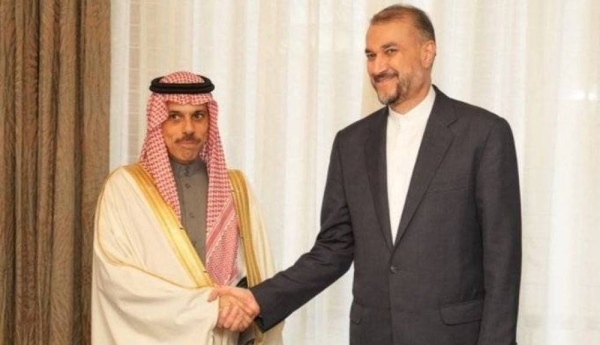 Saudi Foreign Minister Prince Faisal bin Farhan meeting his Iranian counterpart Hossein Amir Abdollahian. (File photo)