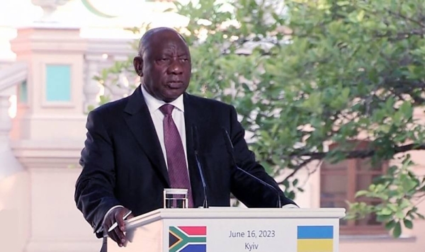 South African President Cyril Ramaphosa speaking in Kyiv.