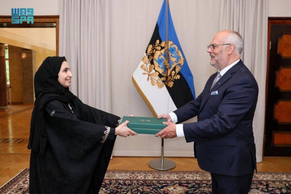 Saudi Arabia’s Ambassador to Finland Nisreen bint Hamad Al-Shibel presents credentials to President Alar Karis of Estonia as non-resident ambassador to Estonia. 