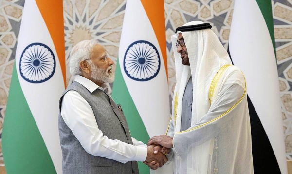 UAE) President Sheikh Mohamed Bin Zayed Al Nahyan Saturday received Indian Prime Minister Narendra Modi, who is on an official visit to the UAE. — courtesy Ryan Carter / UAE Presidential Court 
---