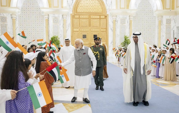 UAE) President Sheikh Mohamed Bin Zayed Al Nahyan Saturday received Indian Prime Minister Narendra Modi, who is on an official visit to the UAE. — courtesy Ryan Carter / UAE Presidential Court 
---