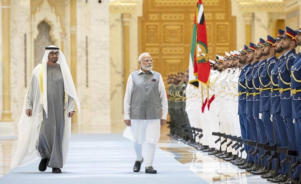 UAE) President Sheikh Mohamed Bin Zayed Al Nahyan Saturday received Indian Prime Minister Narendra Modi, who is on an official visit to the UAE. — courtesy Ryan Carter / UAE Presidential Court 
---