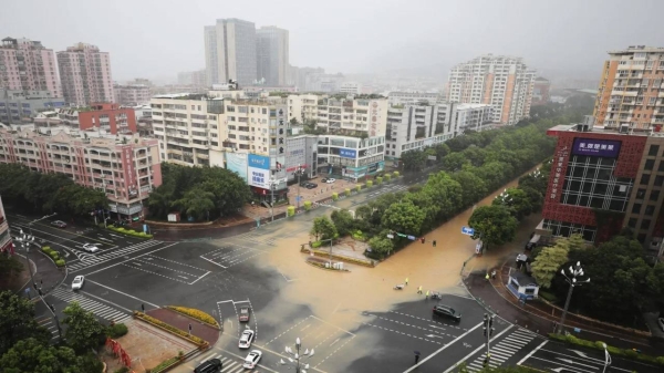 Typhoon Doksuri flooded roads in Quanzhou, Fujian as it made landfall in China on July 28, 2023.