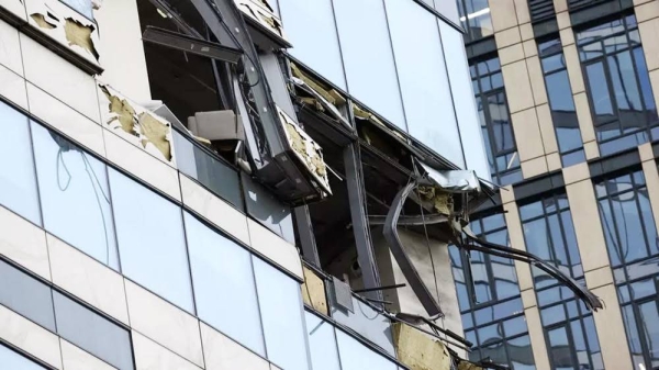 The damaged facade of an office building in Moscow following a reported Ukrainian drone attack. — courtesy Reuters