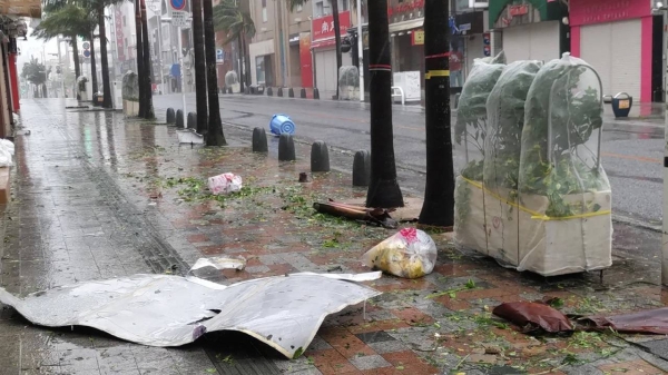 Typhoon Khanun brings high winds to Naha, in Japan's Okinawa prefecture, on August 2, 2023.