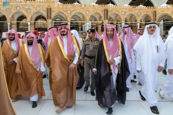 Deputy Emir of Makkah Prince Badr bin Sultan leading the annual ceremonial washing of the Holy Kaaba in Makkah on Wednesday.
