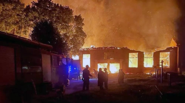 Photo purportedly showing a blood transfusion center on fire in Kupiansk community, north-eastern Ukraine. — courtesy Telegram/Volodymyr Zelensky
