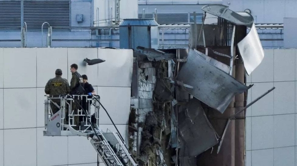 Damage to the Expocentre building in Moscow, Russia, following a drone attack on August 18.