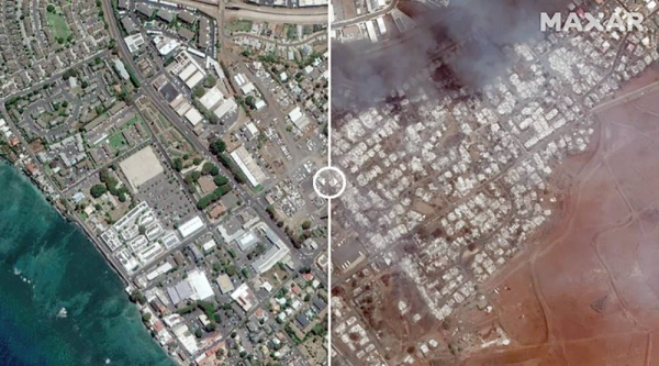 Satellite images taken on June 25 and Aug. 9 show an overview of Lahaina Square and outlets in Maui County, Hawaii, before and after the recent wildfires. — courtesy Satellite image 2023 Maxar Technologies
