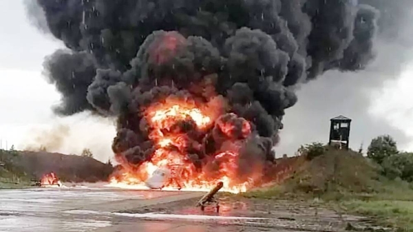 Images posted online show a Tu-22 on fire at Soltsy-2 airbase. — courtesy X (Twitter)